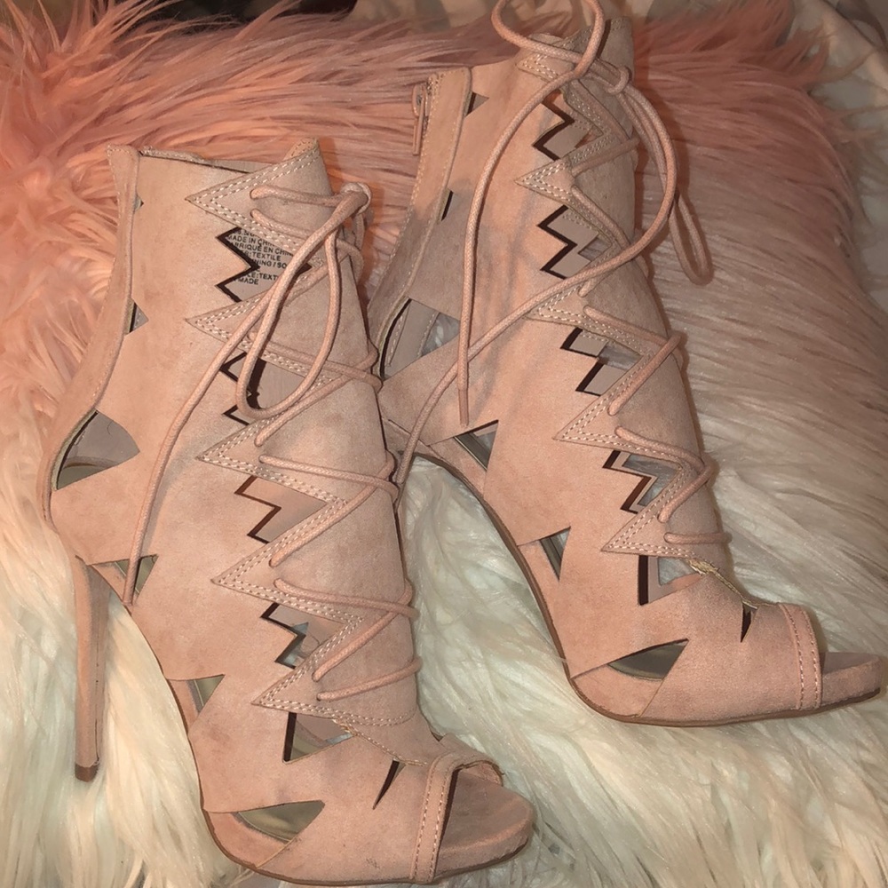 Pink Suede High Heel Peep Toe Bootie